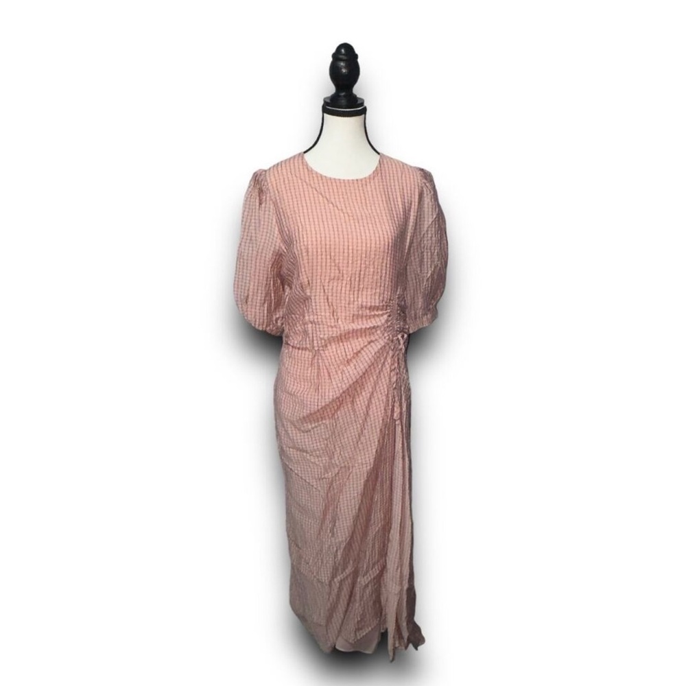 Zara short sleeve puff pink dress with ruching at waist women’s size medium NWT